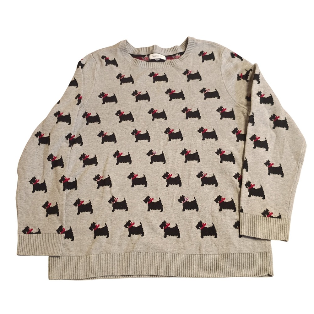 Charter Club Scottie Dog Sweater Womens Large Gray Rhinestone Animal Print Knit